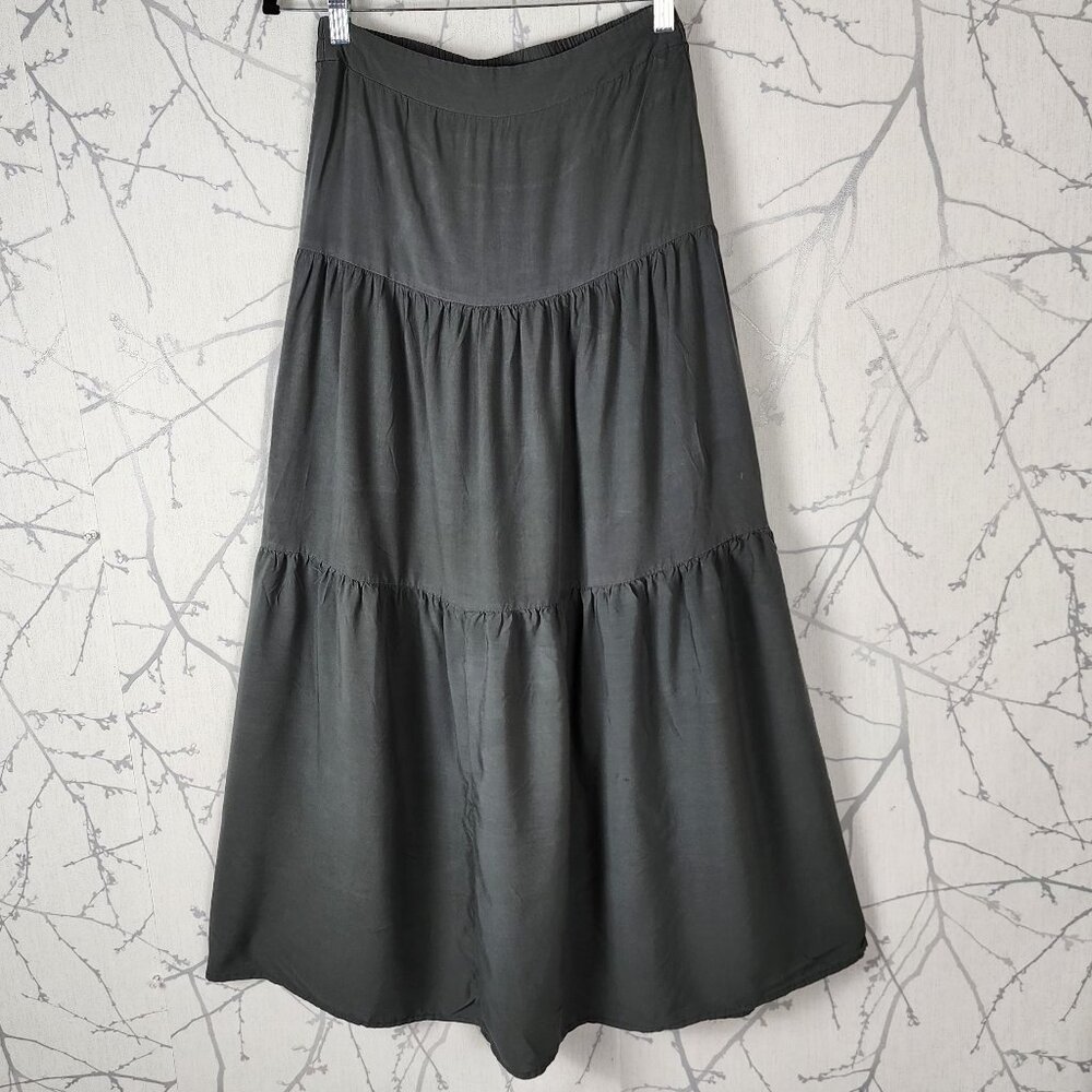 Gray Green Pull On Elastic Waist Tiered Maxi Skirt